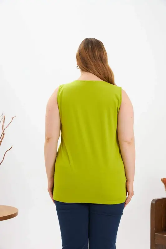 Stone Detailed Plus Size Sleeveless Blouse Olive - 4