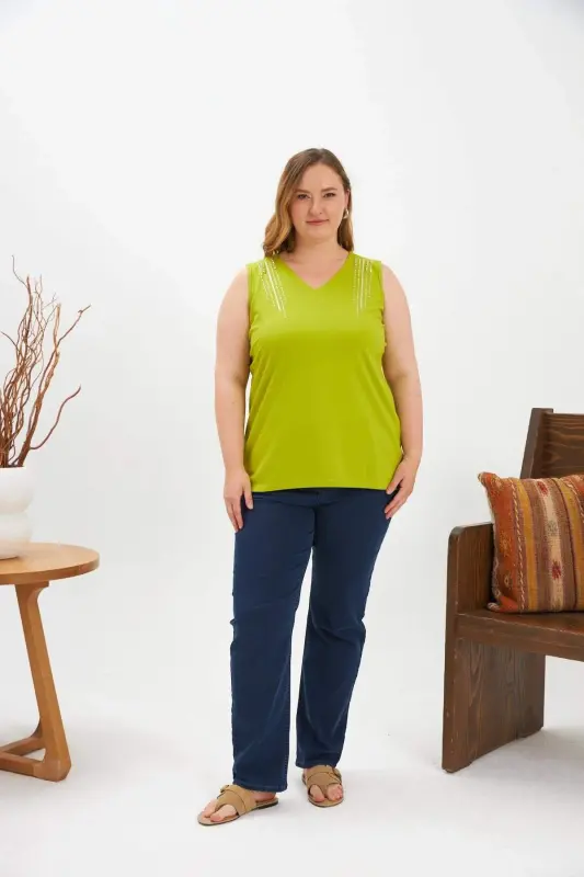 Stone Detailed Plus Size Sleeveless Blouse Olive - 5