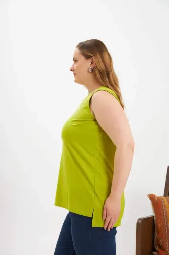 Stone Detailed Plus Size Sleeveless Blouse Olive - 2