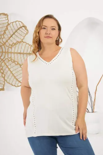 Stone Detailed Plus Size Sleeveless Blouse White - 1