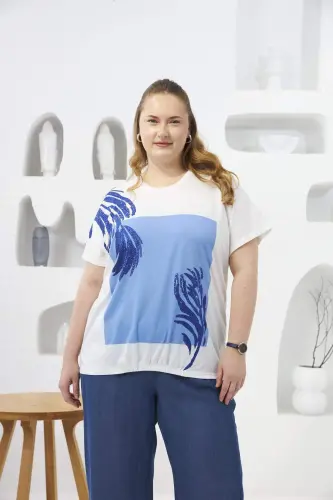 Stone Detailed Plus Size T-Shirt Ecru - 1