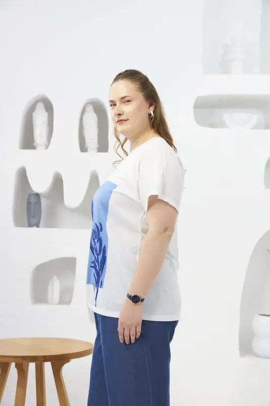 Stone Detailed Plus Size T-Shirt Ecru - 3