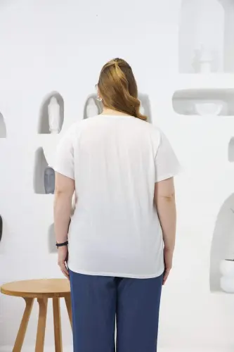 Stone Detailed Plus Size T-Shirt Ecru - 4