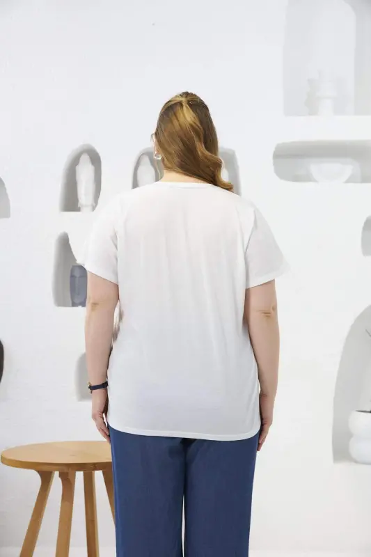 Stone Detailed Plus Size T-Shirt Ecru - 4