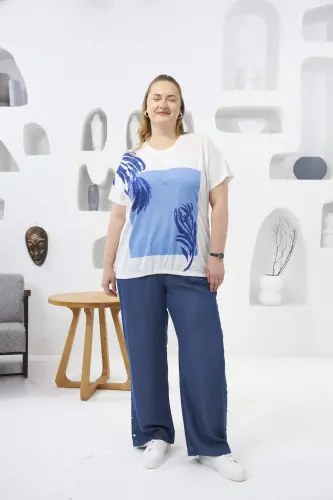 Stone Detailed Plus Size T-Shirt Ecru - 5