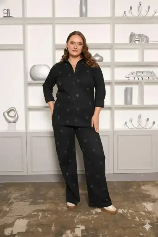 Stone Detailed Plus Size Wide Leg Pants Black - BÜYÜKBEDENIZ