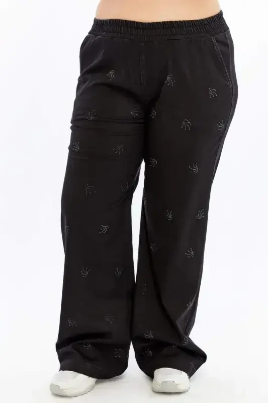 Stone Detailed Plus Size Wide Leg Pants Black - 2