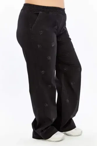 Stone Detailed Plus Size Wide Leg Pants Black - 3
