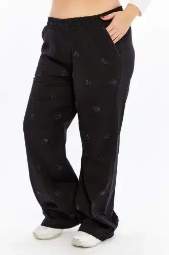 Stone Detailed Plus Size Wide Leg Pants Black - 5