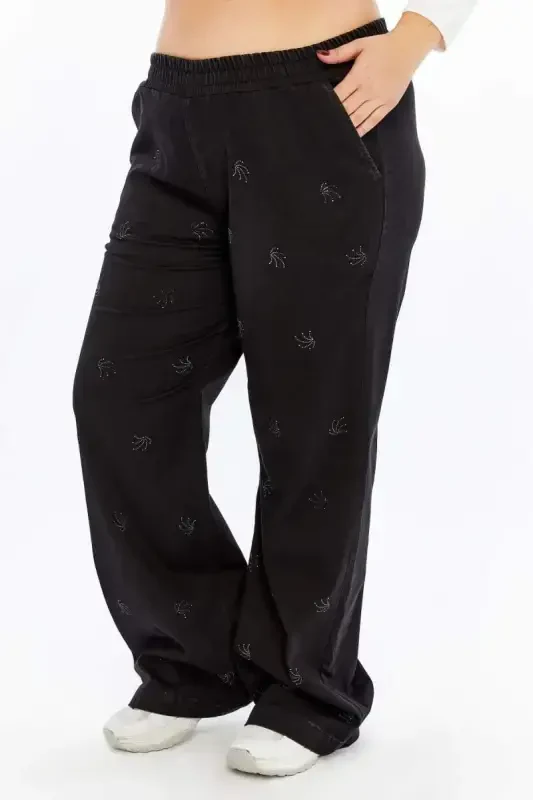 Stone Detailed Plus Size Wide Leg Pants Black - 5