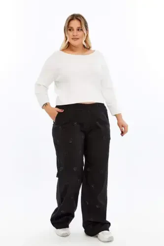 Stone Detailed Plus Size Wide Leg Pants Black - 7