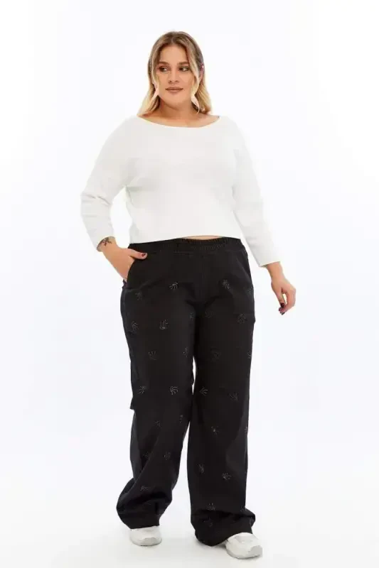 Stone Detailed Plus Size Wide Leg Pants Black - 7