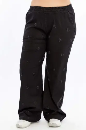 Stone Detailed Plus Size Wide Leg Pants Black - BÜYÜKBEDENIZ (1)