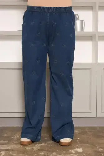 Stone Detailed Plus Size Wide Leg Pants Navy Blue - 1