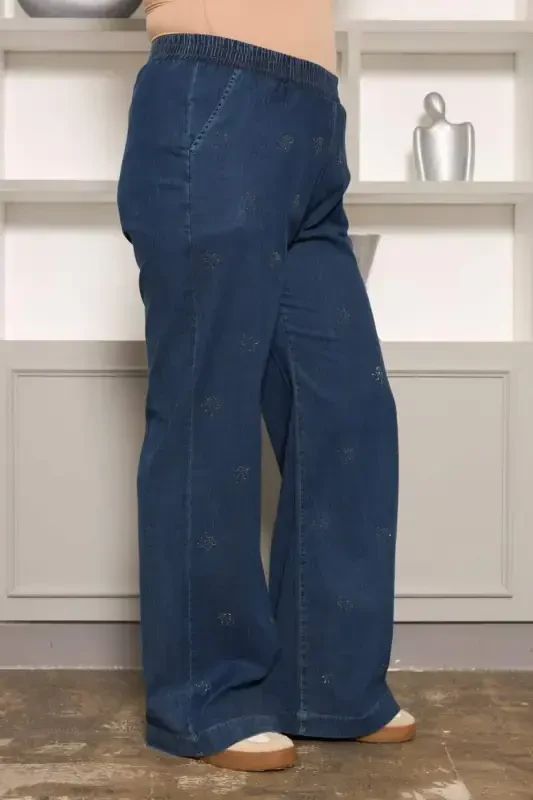 Stone Detailed Plus Size Wide Leg Pants Navy Blue - 2