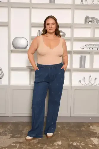 Stone Detailed Plus Size Wide Leg Pants Navy Blue - 4