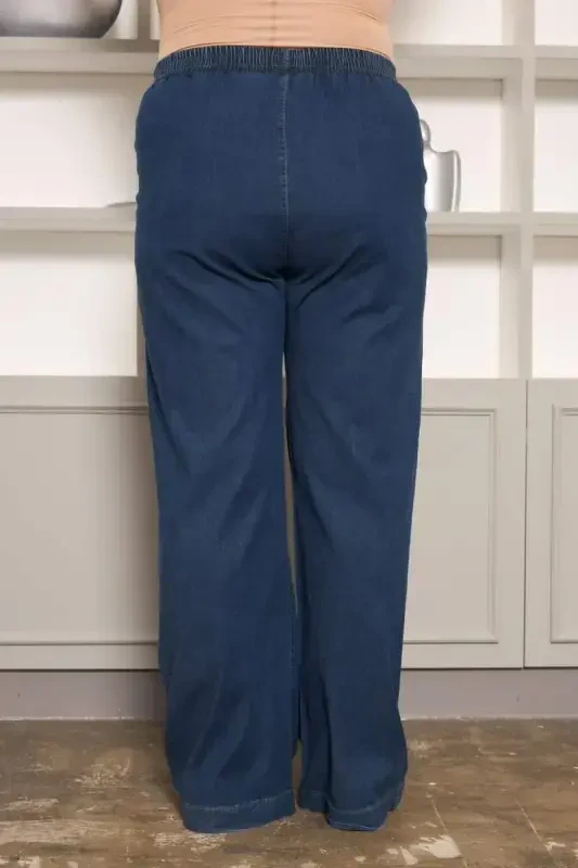 Stone Detailed Plus Size Wide Leg Pants Navy Blue - 5