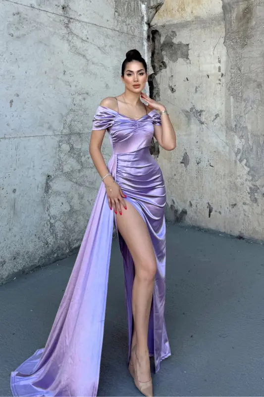 Stone Drape Collar Slit Detail Tail Lilac Evening Dress 582553-LILAC - 1
