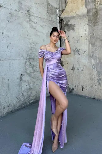 Stone Drape Collar Slit Detail Tail Lilac Evening Dress 582553-LILAC - MEKAFASHION (1)