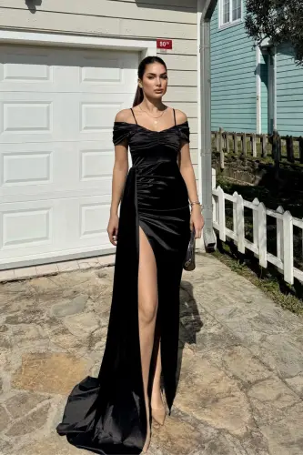 Stone Drape Collar Slit Detail Tailored Evening Dress 582553 BLACK-BLACK - 2