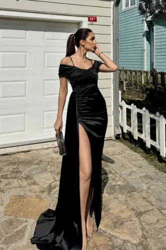 Stone Drape Collar Slit Detail Tailored Evening Dress 582553 BLACK-BLACK - 3