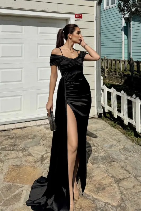 Stone Drape Collar Slit Detail Tailored Evening Dress 582553 BLACK-BLACK - 3
