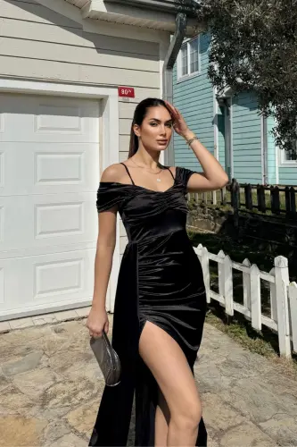 Stone Drape Collar Slit Detail Tailored Evening Dress 582553 BLACK-BLACK - 4
