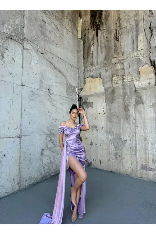 Stone Drape Вырез на воротнике Деталь с хвостом Фиолетовое вечернее платье 582553-LILA - 1