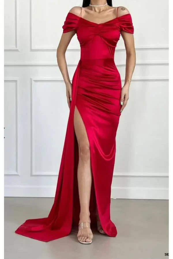 Stone Draped Neck Slit Detail Train Gown 5825 - 1