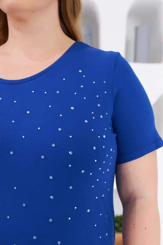 Stone Embellished Crew Neck Plus Size T-Shirt Sax - 2