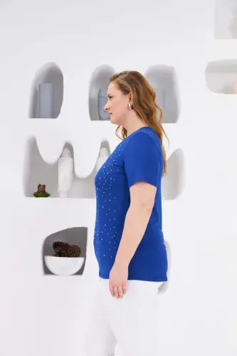 Stone Embellished Crew Neck Plus Size T-Shirt Sax - 3