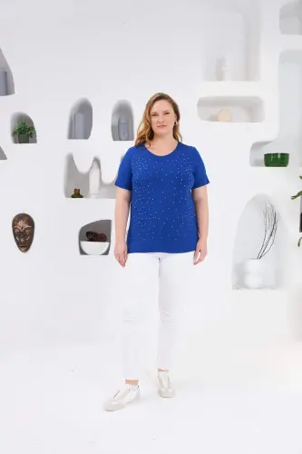 Stone Embellished Crew Neck Plus Size T-Shirt Sax - 4