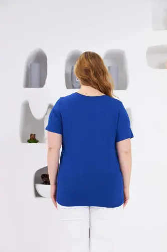 Stone Embellished Crew Neck Plus Size T-Shirt Sax - 5