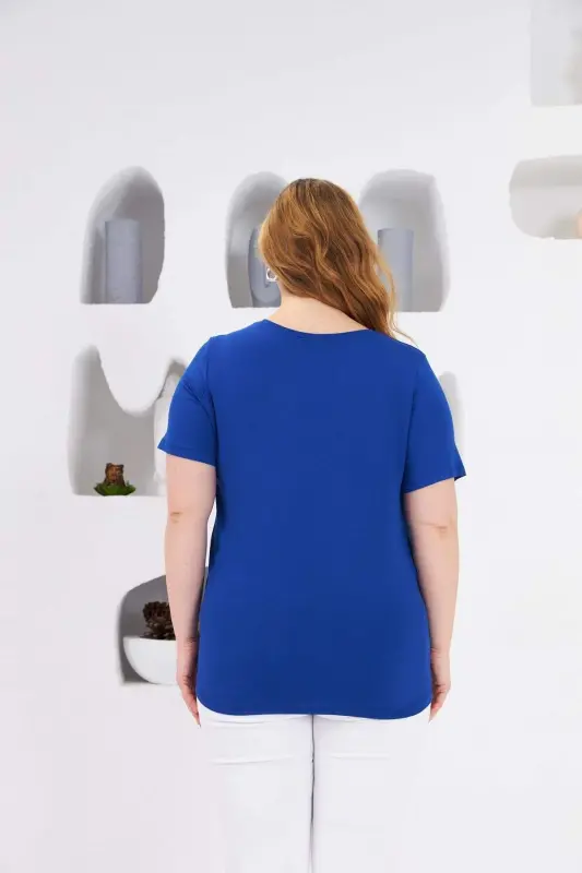 Stone Embellished Crew Neck Plus Size T-Shirt Sax - 5