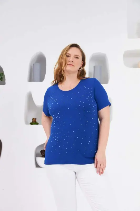 Stone Embellished Crew Neck Plus Size T-Shirt Sax - BÜYÜKBEDENIZ