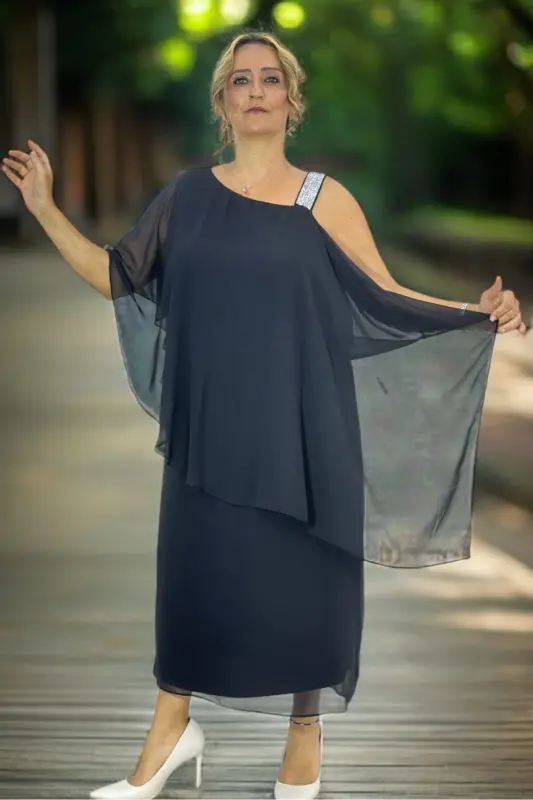 STONE-EMBELLISHED PLUS SIZE EVENING DRESS WITH WIDE STRAP DRAPED NECK CAPE - YAGMURBEREN