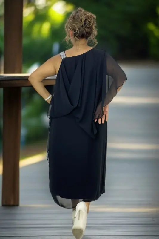 STONE-EMBELLISHED PLUS SIZE EVENING DRESS WITH WIDE STRAP DRAPED NECK CAPE - 6