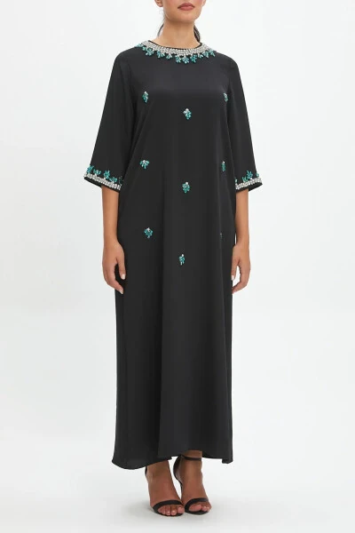 Stone Embellished Trucker Sleeve Loose Fit Chic Black Dress 40090 - SERPIL