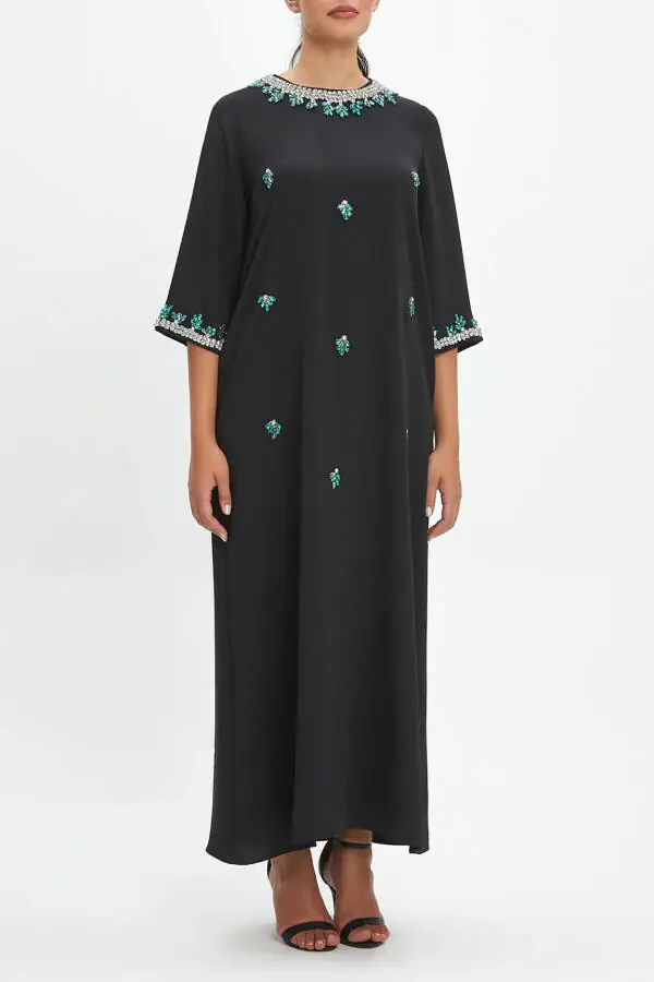 Stone Embellished Trucker Sleeve Loose Fit Chic Black Dress 40090 - 1