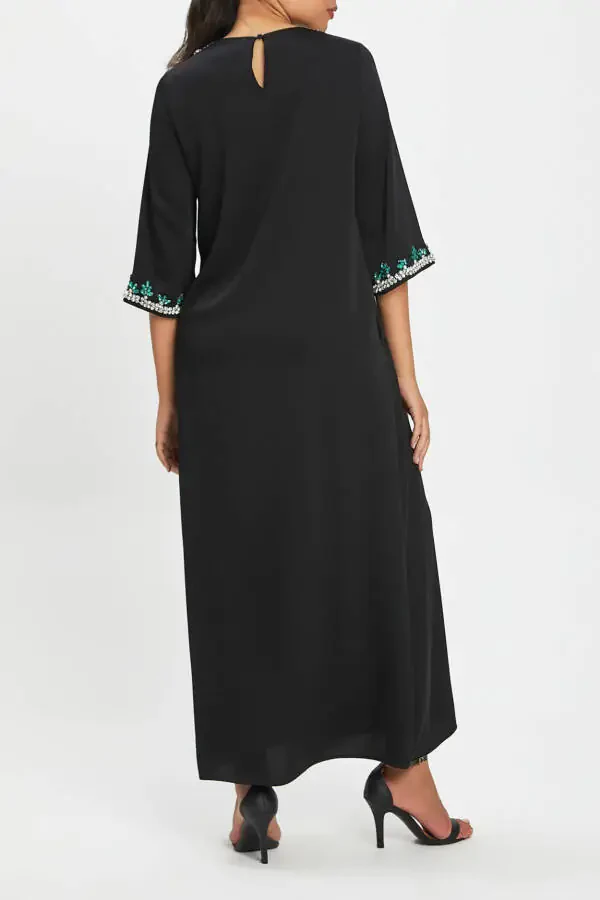 Stone Embellished Trucker Sleeve Loose Fit Chic Black Dress 40090 - 2