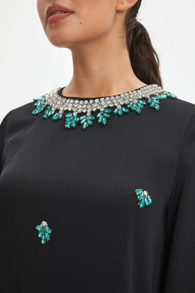 Stone Embellished Trucker Sleeve Loose Fit Chic Black Dress 40090 - 3