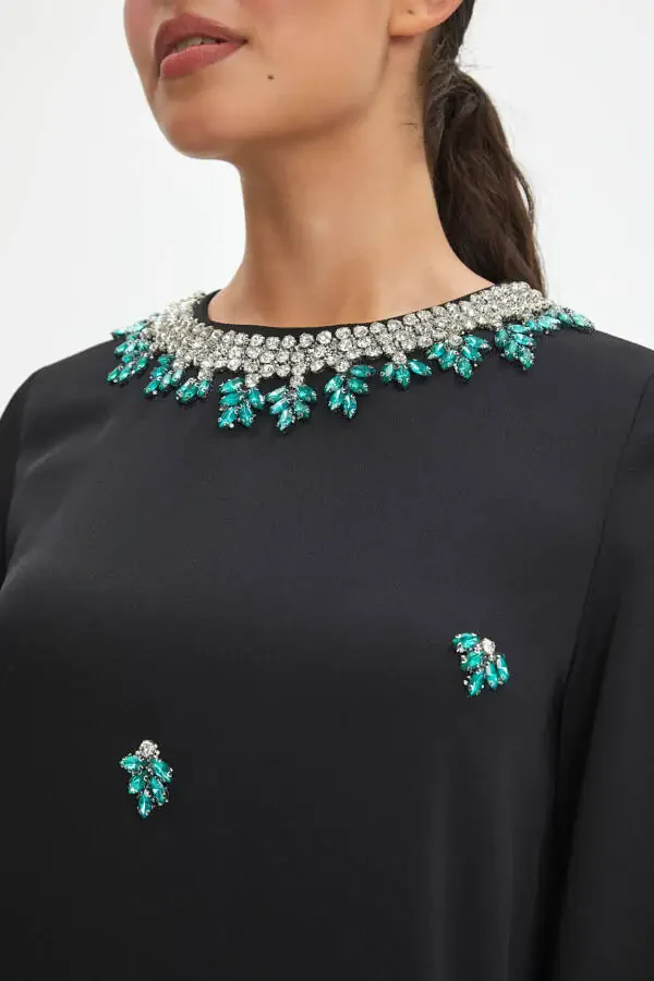 Stone Embellished Trucker Sleeve Loose Fit Chic Black Dress 40090 - 3