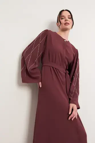 Stone Embroidered Abaya - Rose - Rose - VAVİNOR (1)