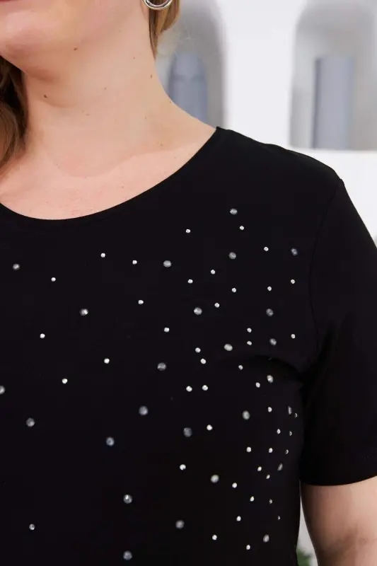 Stone Embroidered Bicycle Collar Plus Size T-Shirt Black - 2