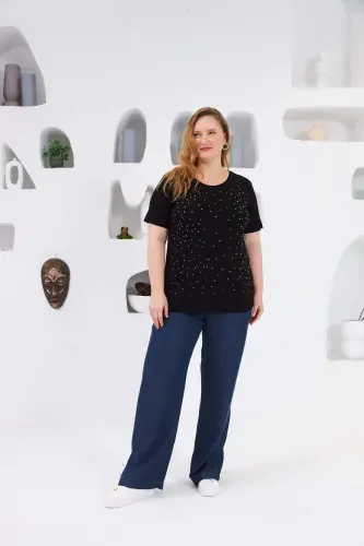 Stone Embroidered Bicycle Collar Plus Size T-Shirt Black - 4