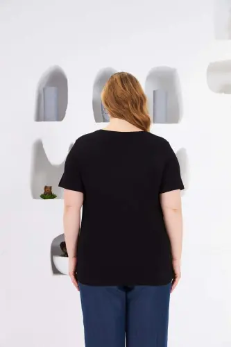 Stone Embroidered Bicycle Collar Plus Size T-Shirt Black - 5