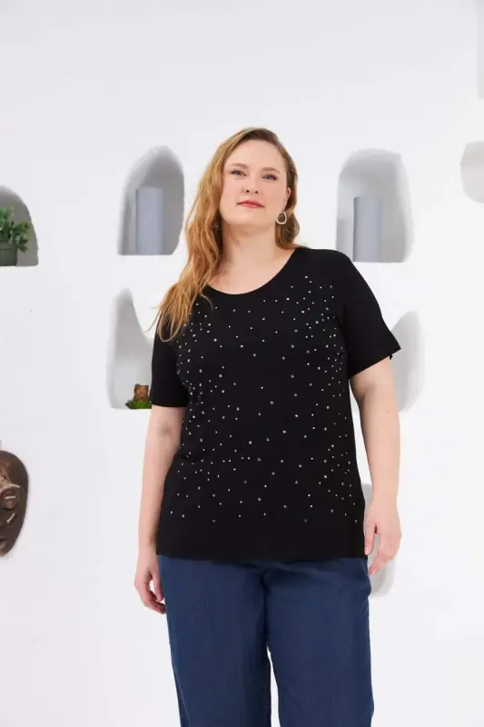 Stone Embroidered Bicycle Collar Plus Size T-Shirt Black - 1