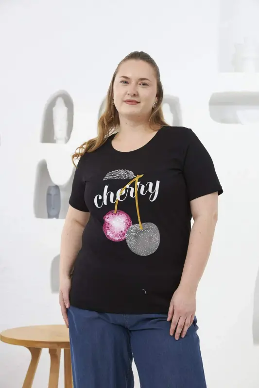 Stone Embroidered Cherry Patterned Plus Size T-Shirt Black - 1