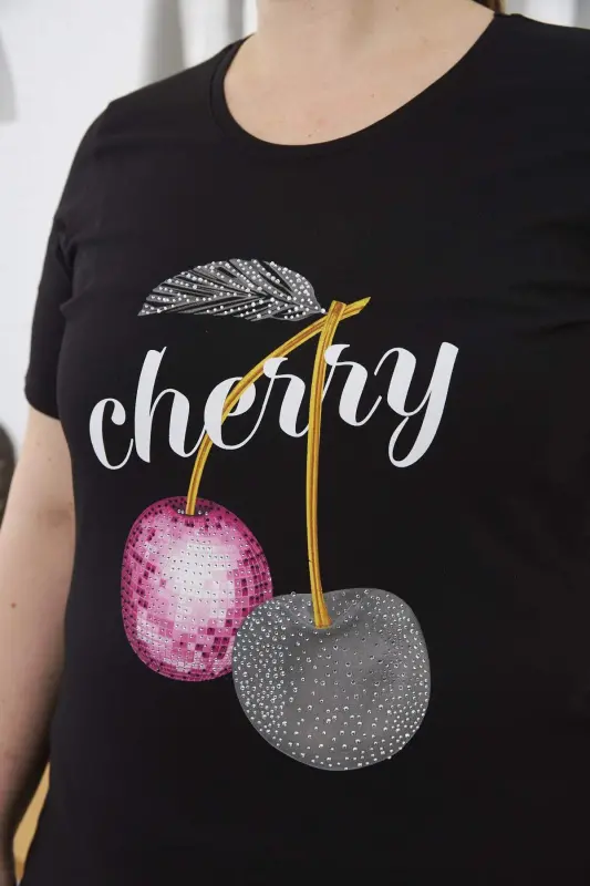 Stone Embroidered Cherry Patterned Plus Size T-Shirt Black - 2