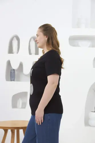 Stone Embroidered Cherry Patterned Plus Size T-Shirt Black - 3